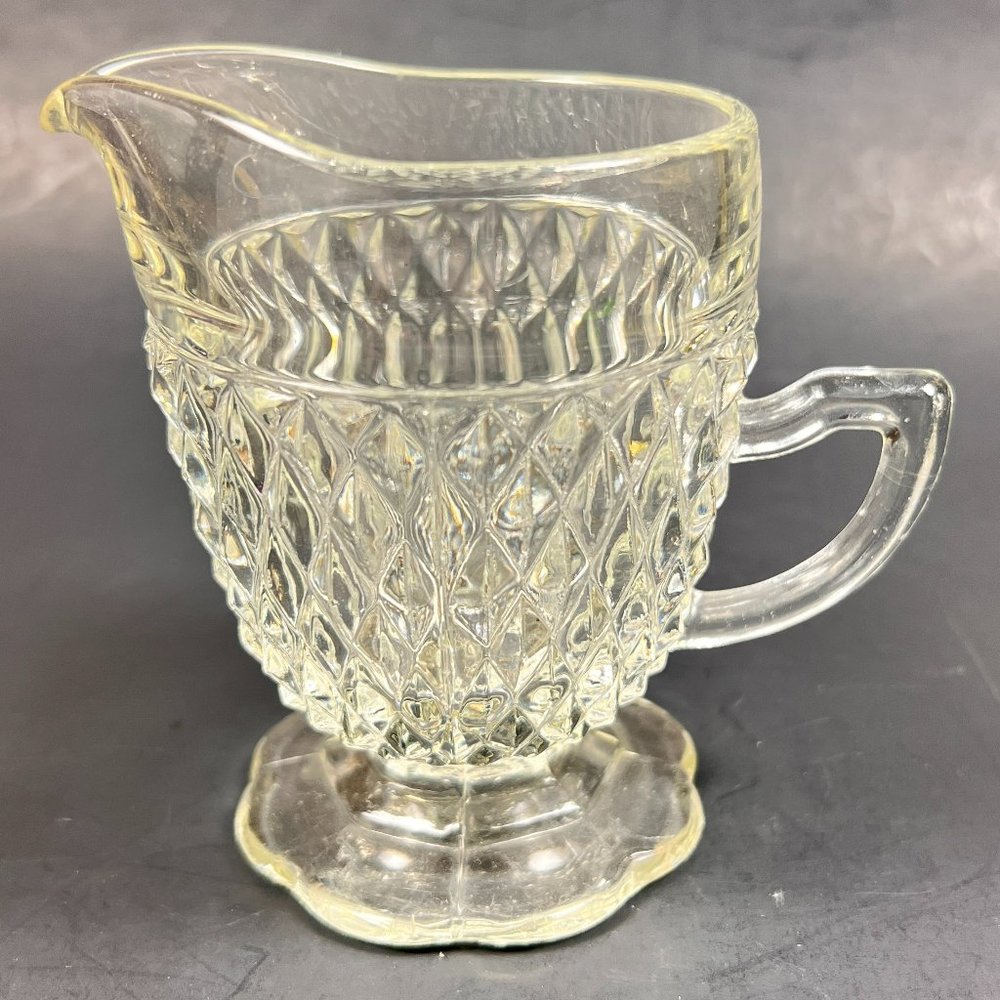 Vintage Indiana Clear Glass Diamond Point Creamer Scalloped Footed